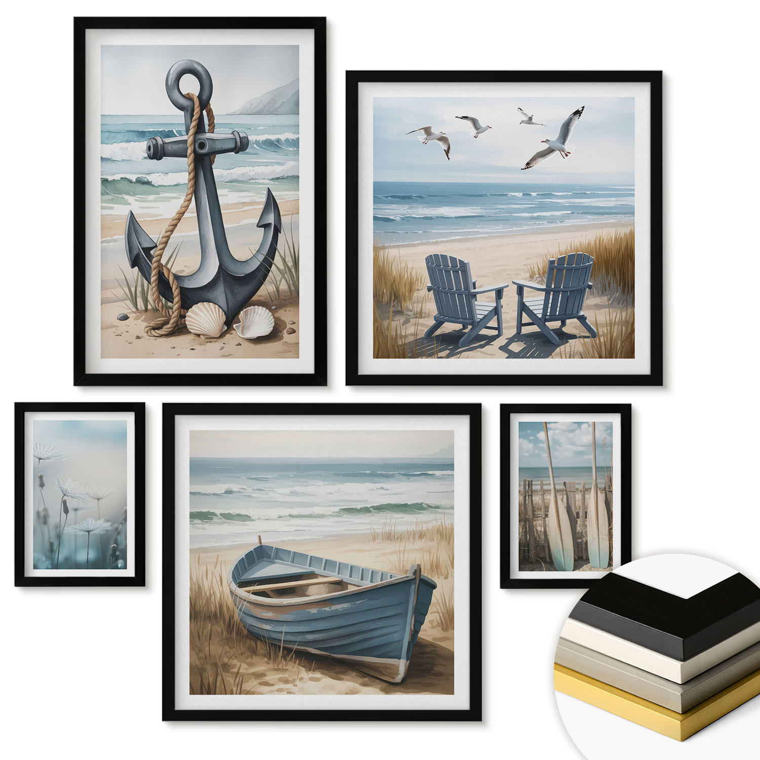 WANDBILDER 5er-Set - 50x50 cm & 20x30 cm & 40x60 cm Schwarzer Rahmen - Waldlandschaft, See Łódź - Schwarz, Kunststoff (40/60cm) - ArtPrintCave