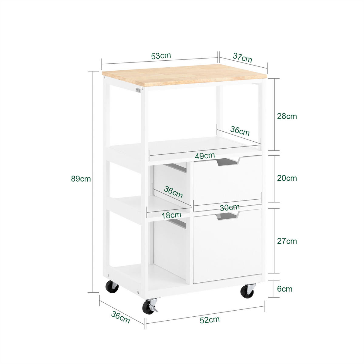 KÜCHENWAGEN Weiß - Weiß, Holz/Holzwerkstoff (53/89/37cm) - SoBuy