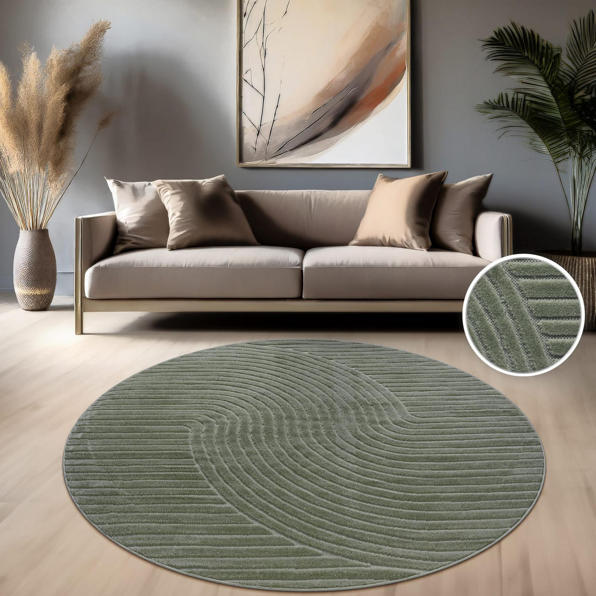 KURZFLORTEPPICH, mit Struktur, Florhöhe 6 mm, Grün, Ø 160 cm - Grün, Textil (160/160cm) - KADIMA DESIGN