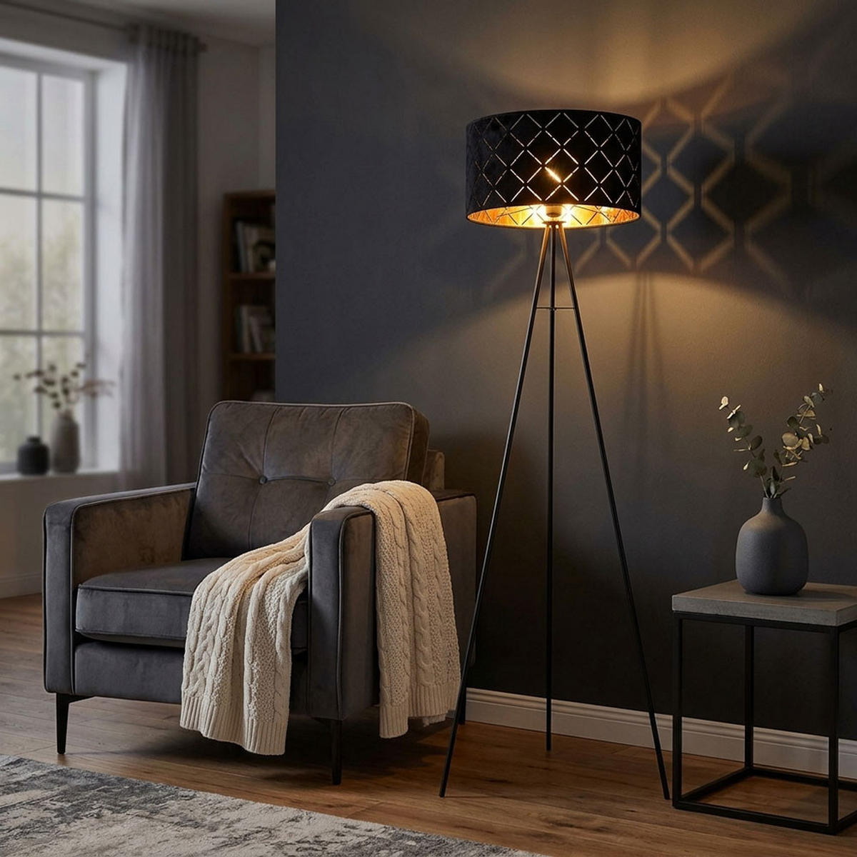 LED STEHLEUCHTE SUNNA Schwarz Metall Textil - Schwarz, Metall (69/69/149cm) - Globo Lighting