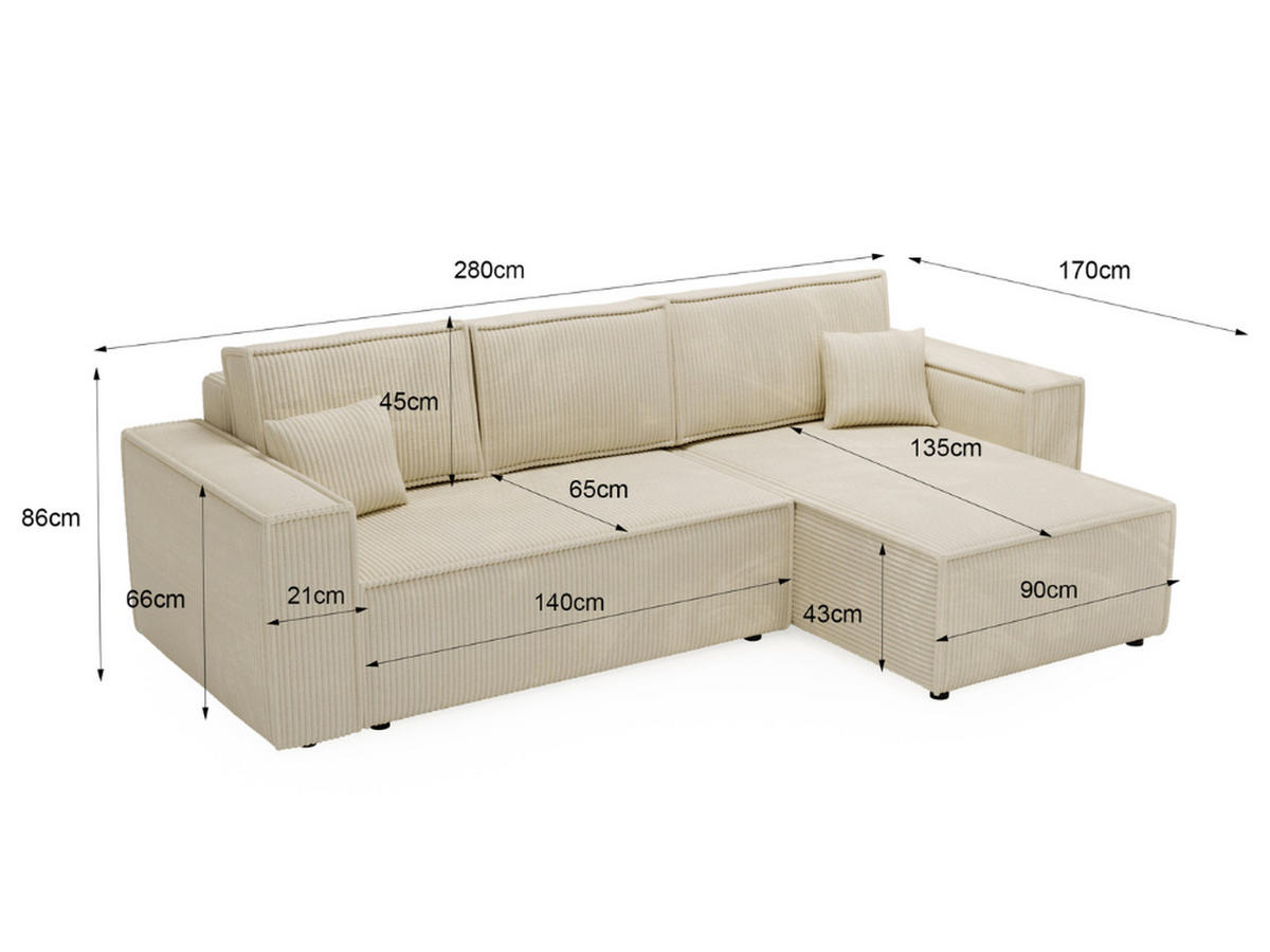 ECKSOFA Prato Beige Rechts - Beige/Schwarz, Holz/Kunststoff (280/170cm) - Graingold