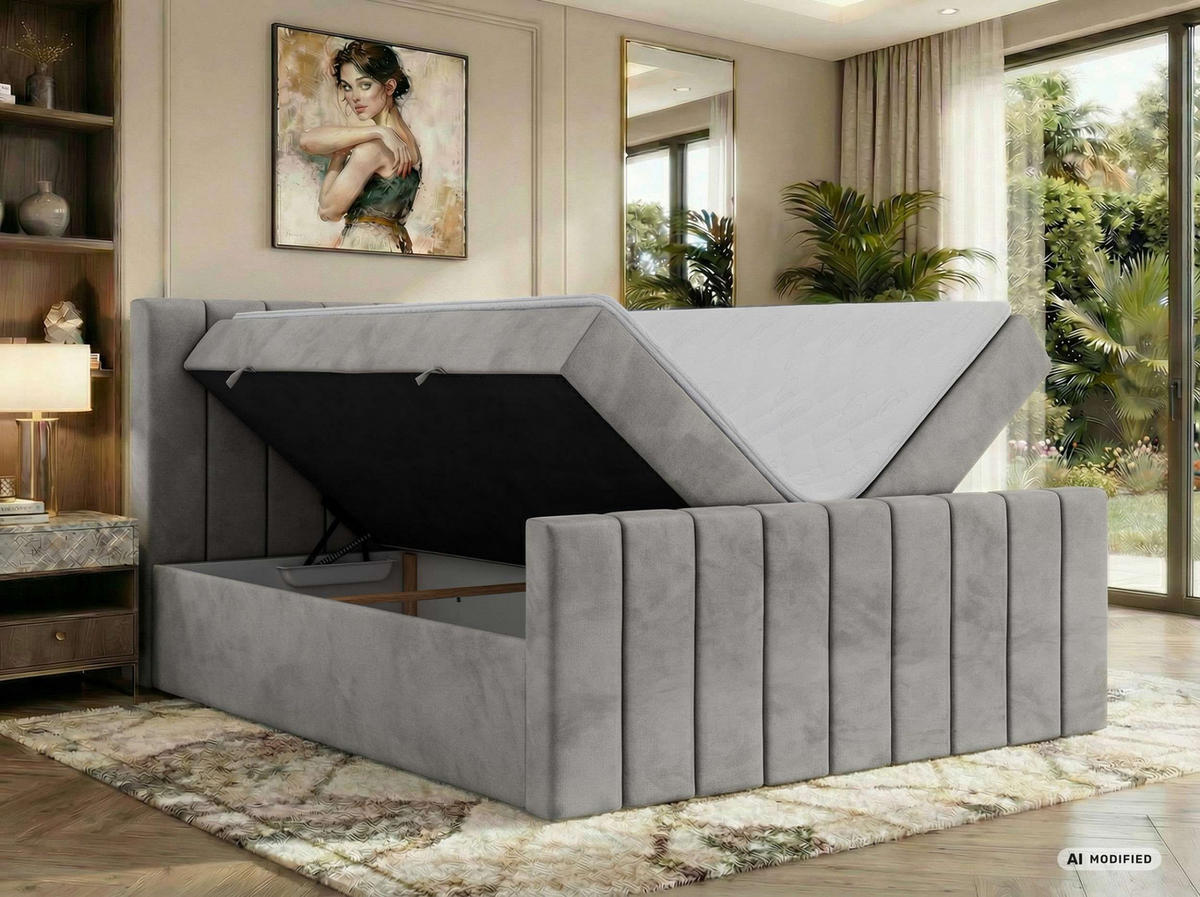 BOXBETT ALVER DUO 160/200 - Hellgrau Velvet - Topper T25 - H3 - Hellgrau, Textil (160/200cm) - MKS