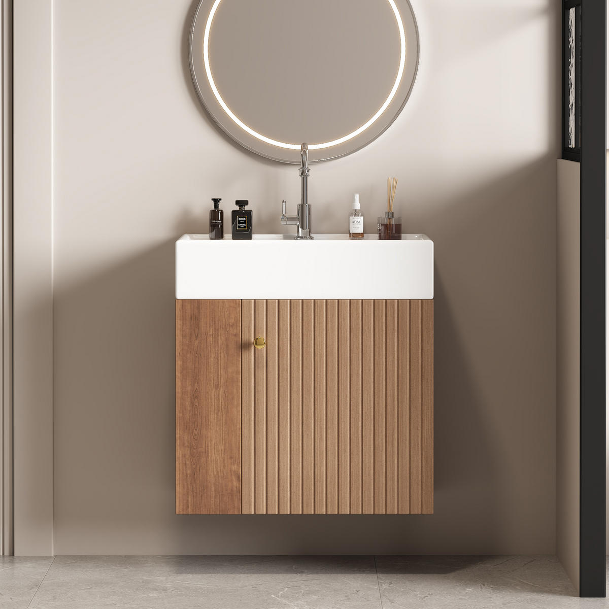 BADMÖBEL Set 55 cm Braun, hängender Waschtischunterschrank mit Waschbecken - Braun, Holz/Keramik (31/66/55cm) - PARAFTA HOME