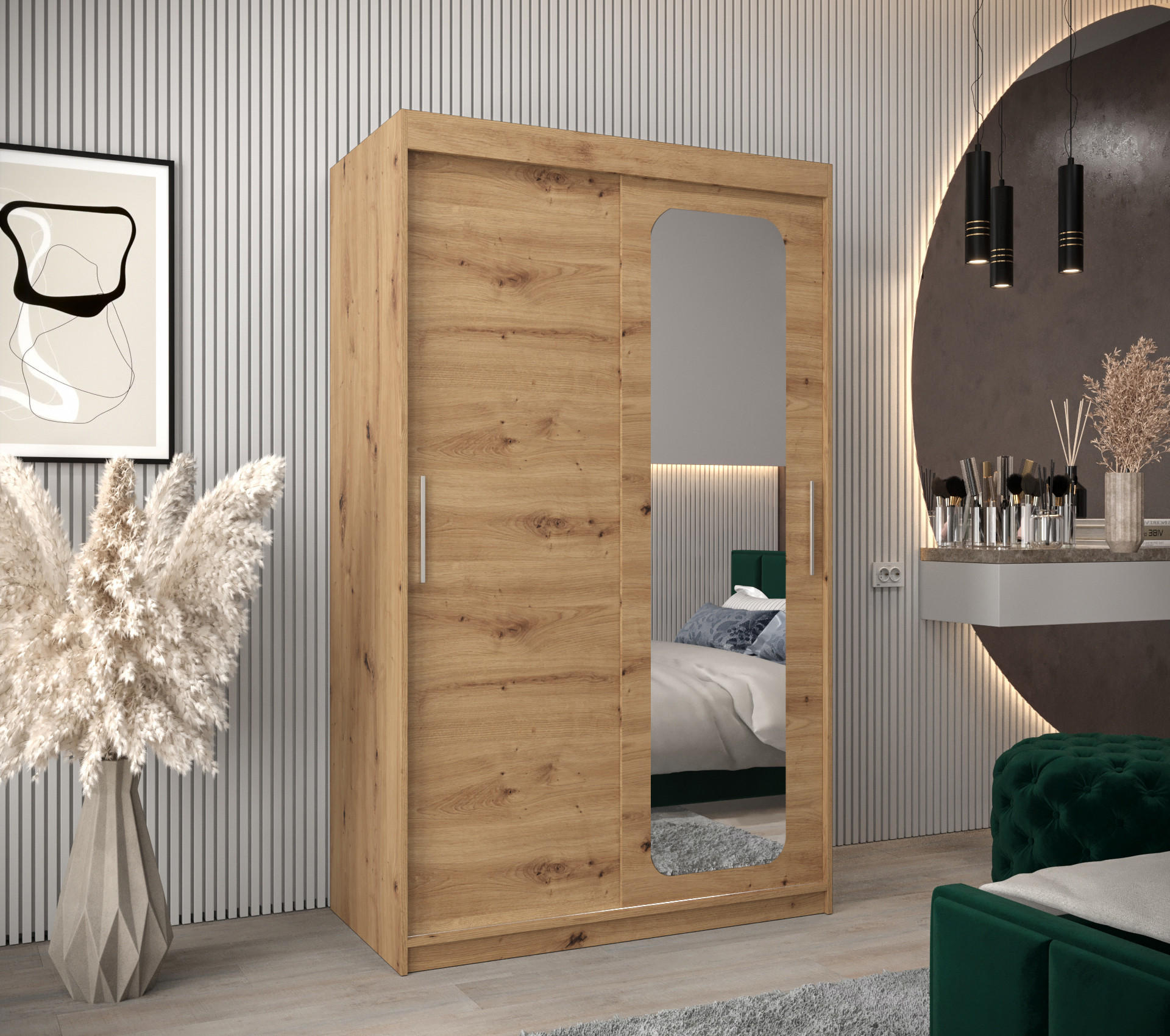 SCHWEBETÜRENSCHRANK 200/120/62 2-türig - Silberfarben/Eiche Artisan, Holz/Kunststoff (120/200/62cm) - MÖBEL KRYSPOL