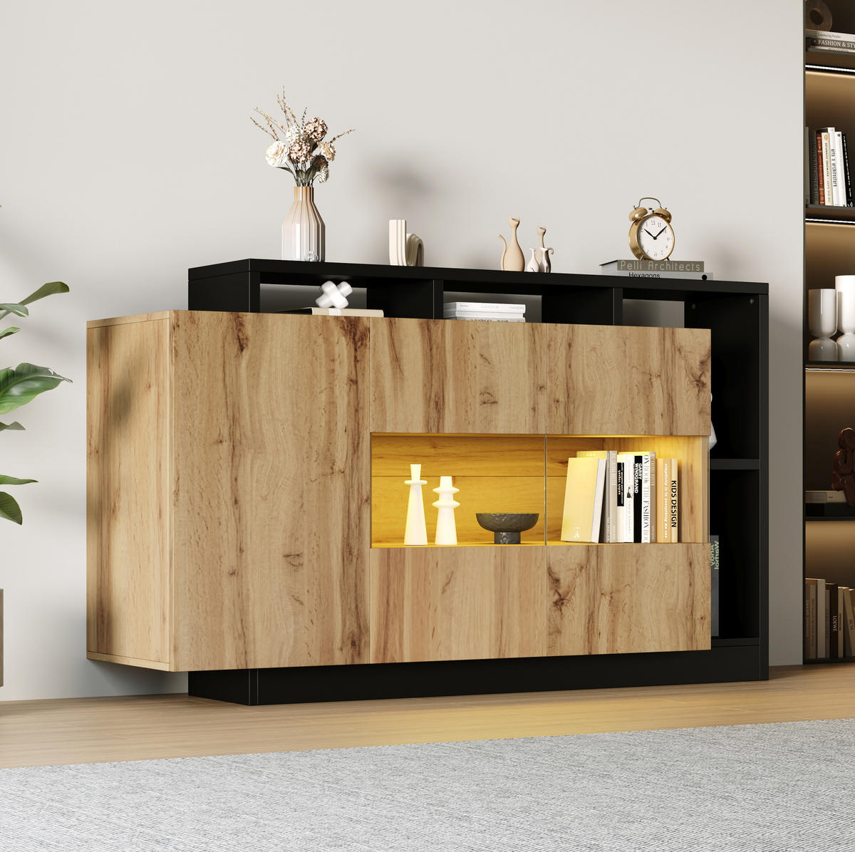 KOMODA z MDF 140x44x93,5 cm v dekoru dřeva s LED osvětlením, Bluetooth ovládáním a nastavitelnými policemi - přírodní, kompozitní dřevo (140/93.5/44cm) - Modfu