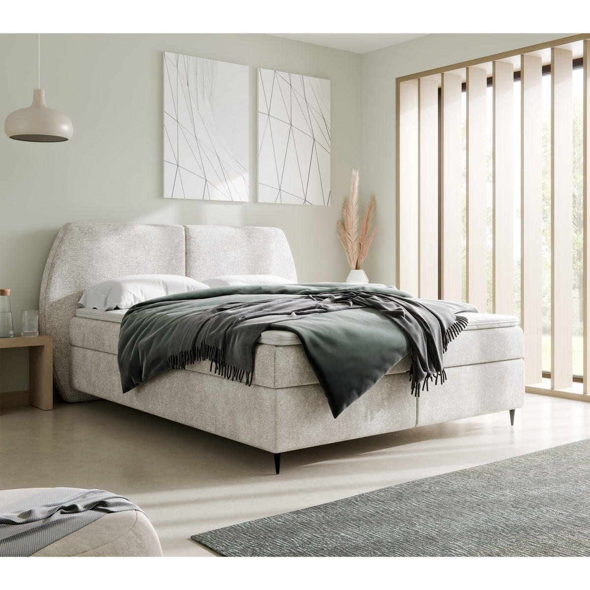 BOXBETT MADRYT, 180x200 cm, Creme, inkl. 2 Bettkästen und Topper - Creme, Textil (180/200cm) - Excellent Home