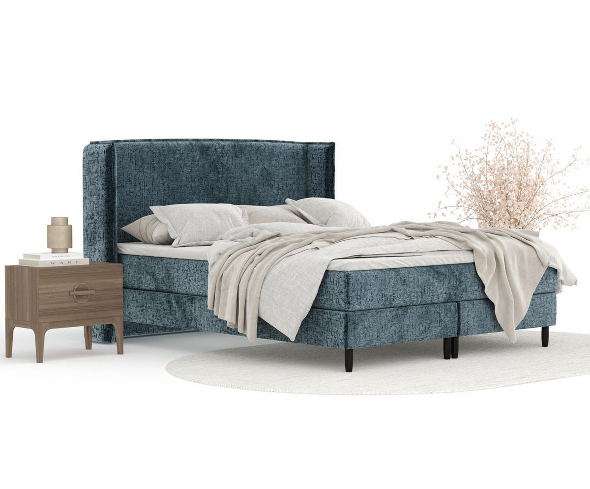 KONTINENTALBETT Ardis Blau Grau 140/200 cm mit Matratze und Topper - Blaugrau/Schwarz, Holz/Holzwerkstoff (140/200cm) - Maison de Reve