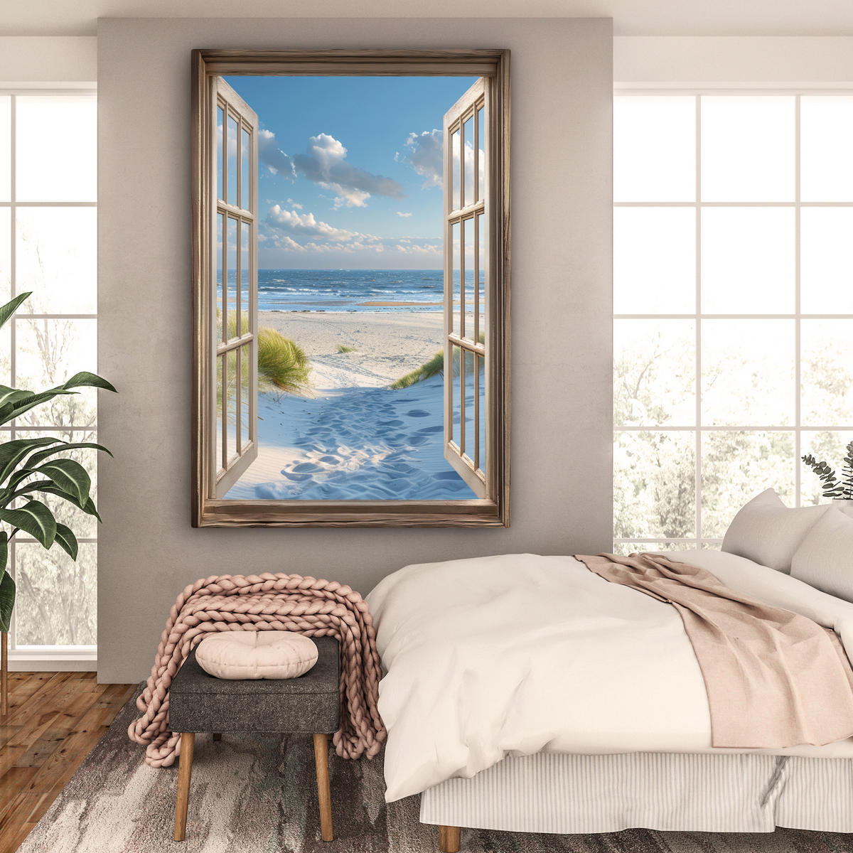 LEINWANDBILD Aussicht - Strand - Fenster - Dünen - Meer Deko Groß 90x140 cm - Hellblau, Textil (90/140cm) - MuchoWow