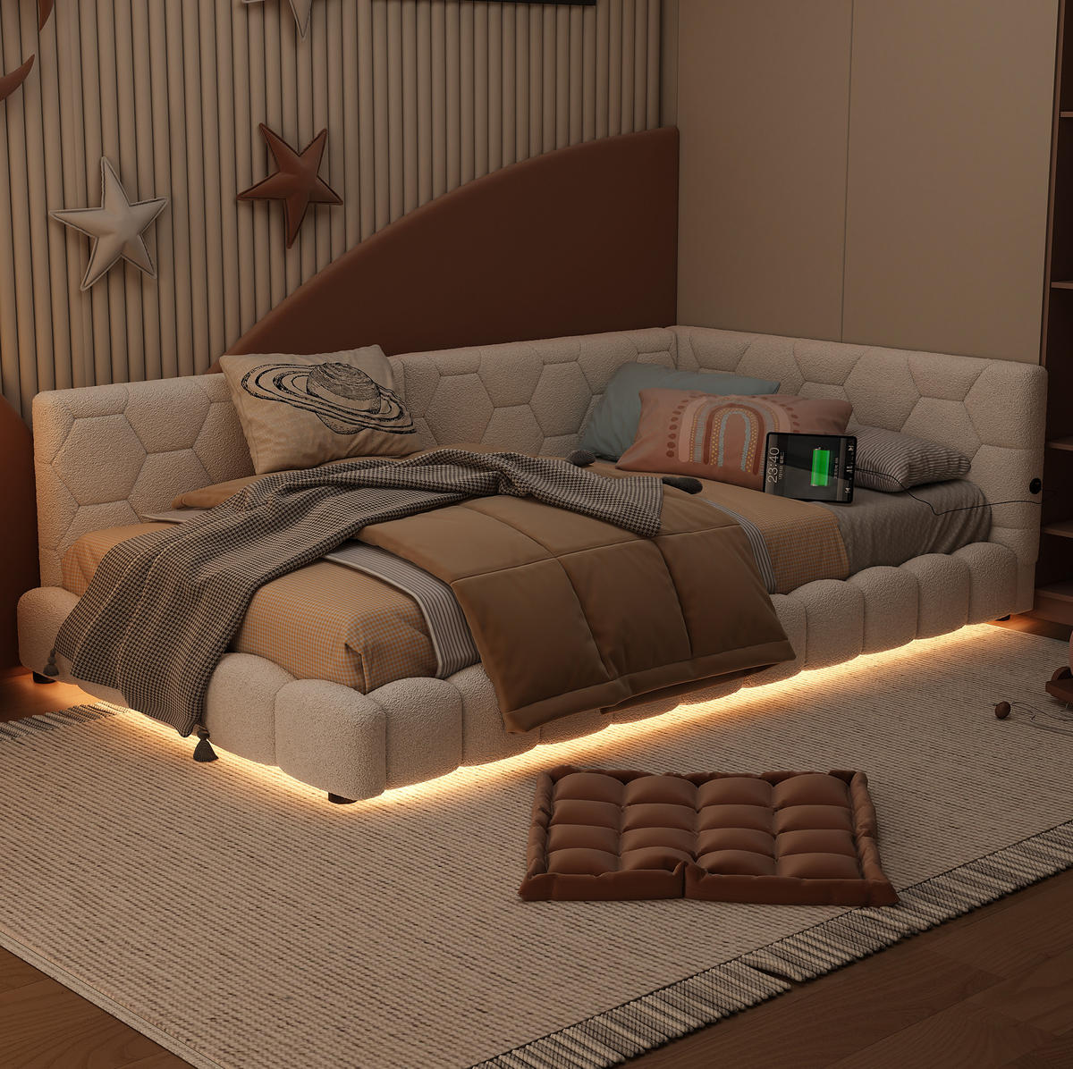 POLSTERBETT mit LED-Beleuchtung 90/200 cm in Weiß mit USB und Lattenrost - Weiß, Textil (90/200cm) - BEAOK