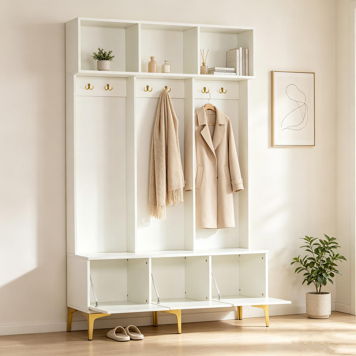 FLUR-SET mit Aufbewahrungsbank, 6 Goldhaken und -beinen, weiß - Weiß, Holzwerkstoff (40/191/120cm) - Meubles Cosy