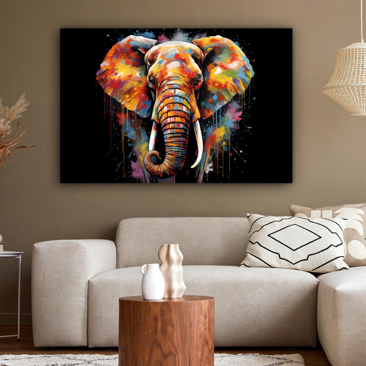 LEINWANDBILD Elefant - Graffiti - Schwarz - Tiere - Farben Wohnzimmer 120x80 cm - Schwarz, Textil (120/80cm) - MuchoWow