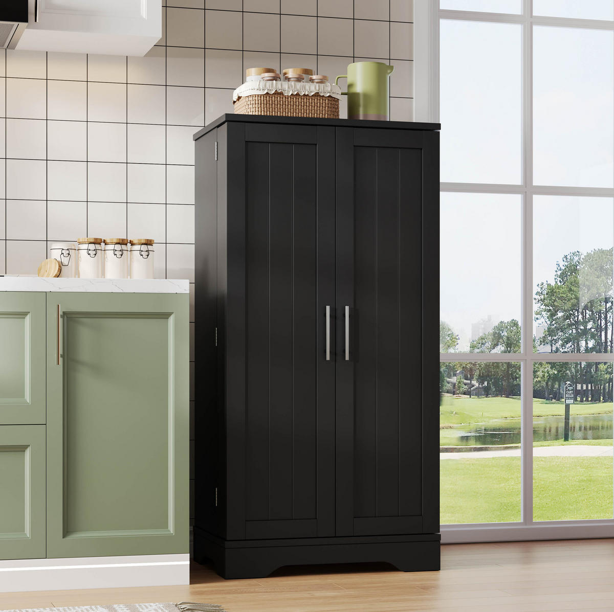 ANRICHTE Hochschrank 120/60/40 cm aus MDF mit LED-Sensorlicht und verstellbaren Regalböden Schwarz - Schwarz, Holzwerkstoff (60/120/40cm) - Modenvie