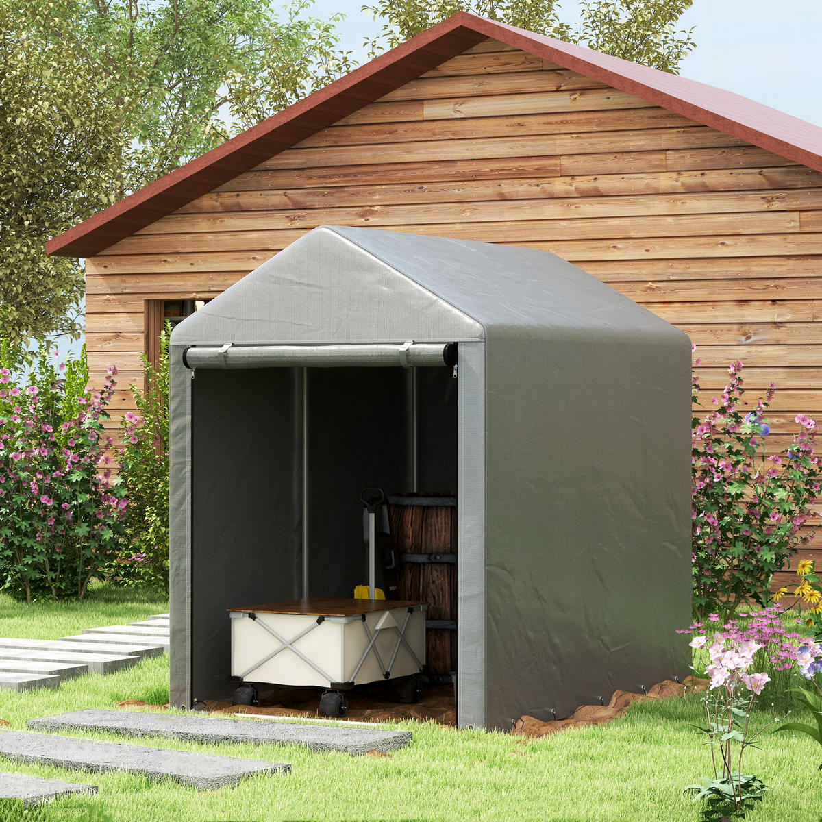 GARTENHAUS 2 Fächer, Tür mit Reißverschluss, wasserdicht, UV-beständig 1,2 x 1,8 x 1,65 m ,hellgrau - Hellgrau, Metall (179/165/120cm) - Vallsero