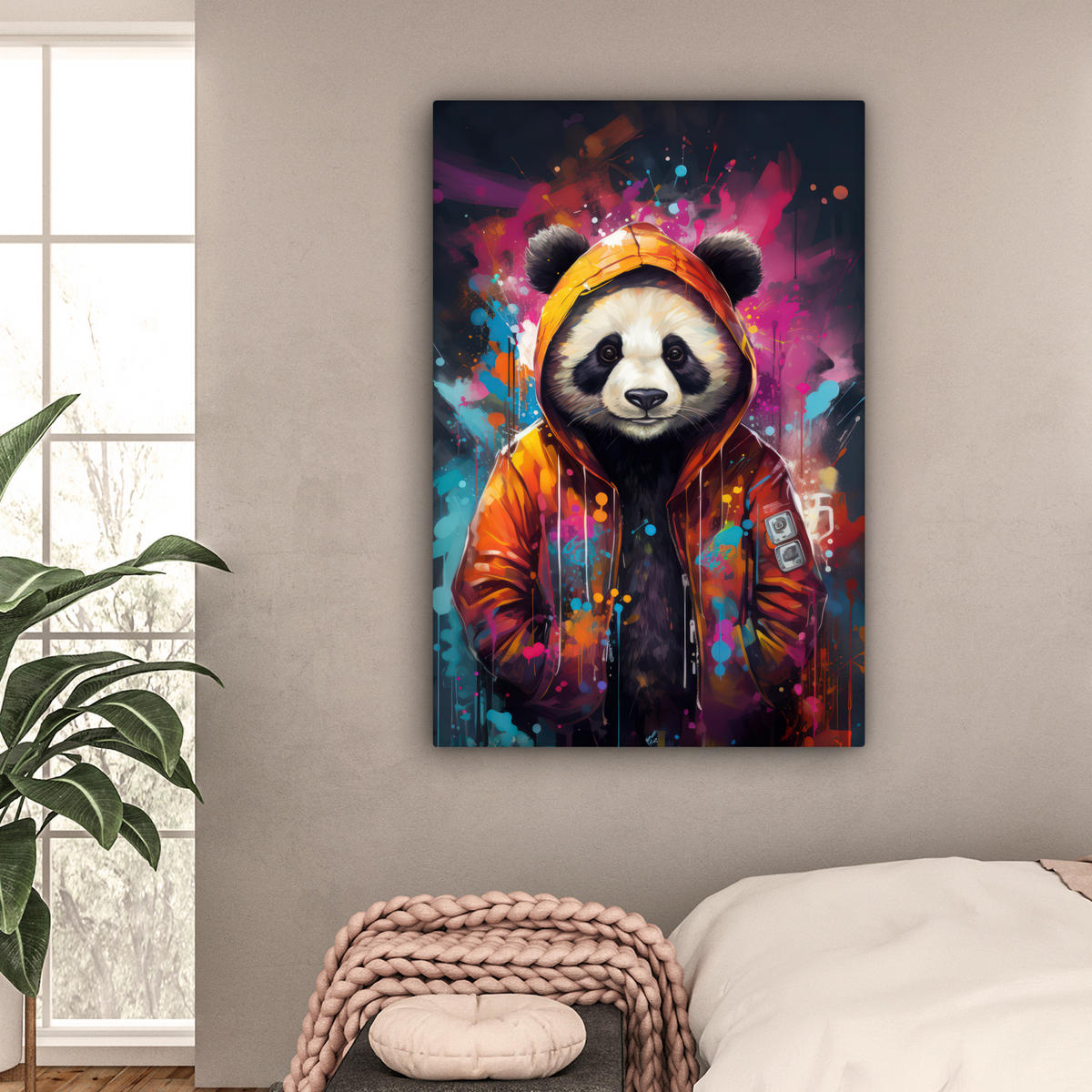 LEINWANDBILD Panda - Jacke - Graffiti - Orange Deko Groß 90x140 cm - Orange, Textil (90/140cm) - MuchoWow