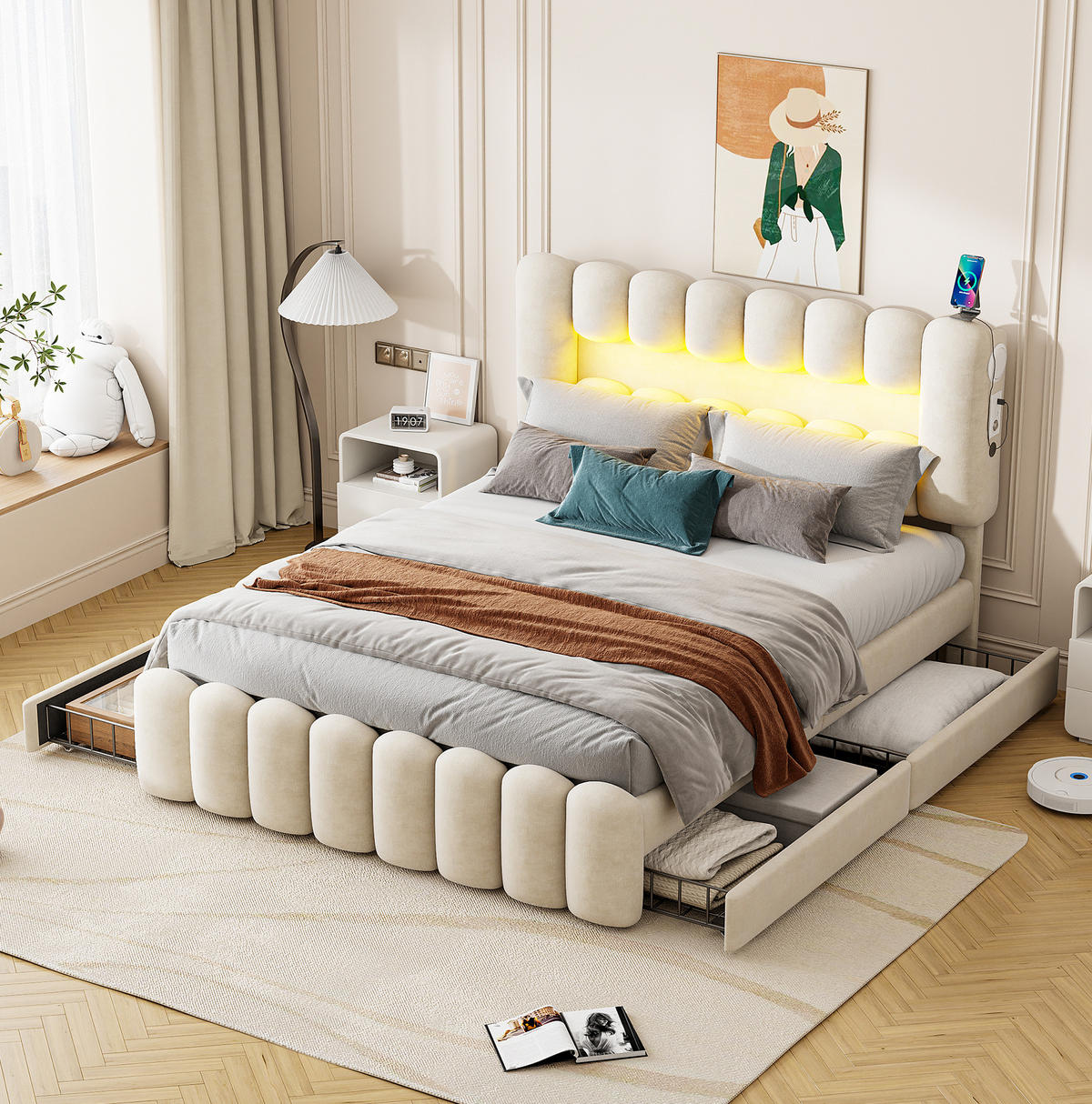POLSTERBETT aus Samt 160x200 cm in Beige mit LED, USB, Lautsprechern & 4 Schubladen - Beige, Textil (160/200cm) - Modfu