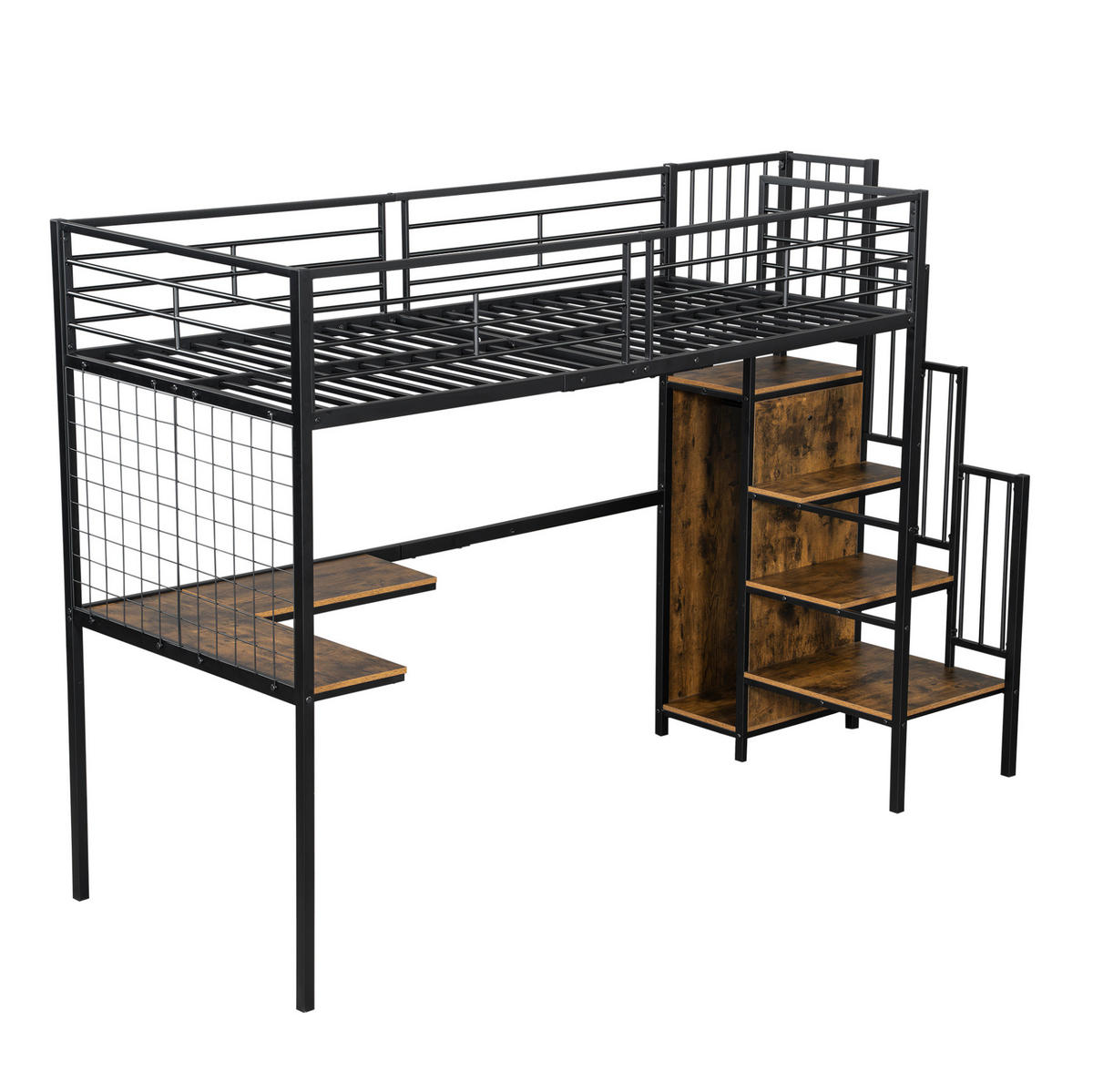 HOCHBETT 90/200 cm, Schwarz mit Kleiderschrank und seitlichen Holztreppen - Schwarz, Metall (90/200cm) - MIVRAY
