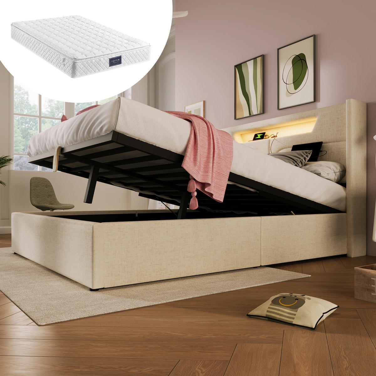 POLSTERBETT 140/200 mit Bettkasten, LED und USB-C-Ladefunktion in Beige - Beige, Textil/Metall (140/200cm) - EVRYAE