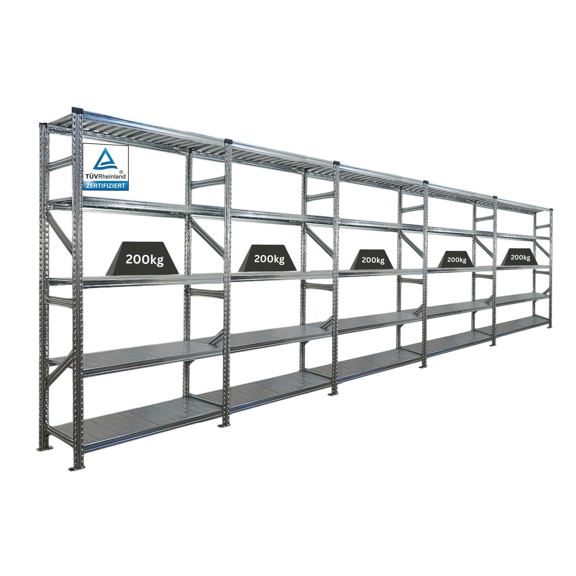 FACHBODENREGAL Proximo 200x600x40cm 5 Ebenen Fachlast 200 kg Beidseitig nutzbar Verzinkt - Silberfarben, Metall (600/200/40cm) - PROREGAL