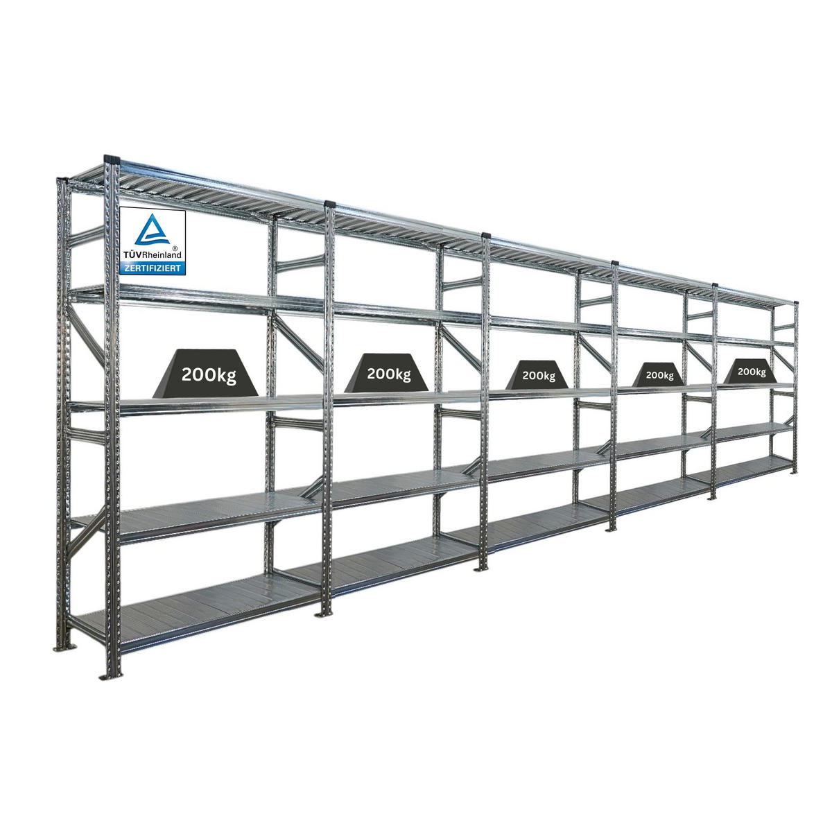 FACHBODENREGAL Proximo 200x600x40cm 5 Ebenen Fachlast 200 kg Beidseitig nutzbar Verzinkt - Silberfarben, Metall (600/200/40cm) - PROREGAL