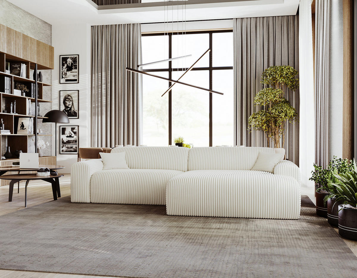 ECKSOFA mit Longchair - Cord - Beige/Schwarz, Kunststoff/Textil (284/178cm) - home24