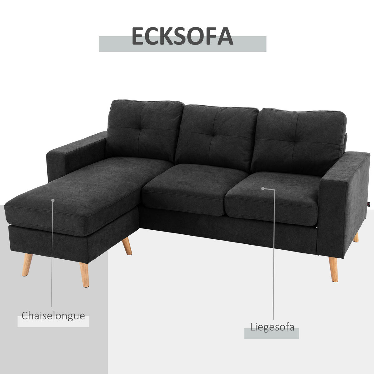 ECKSOFA Eckcouch in L-Form, Eckgarnitur in Leinenoptik Couchgarnitur Schwarz - Schwarz, Textil (136/193cm) - HOMCOM