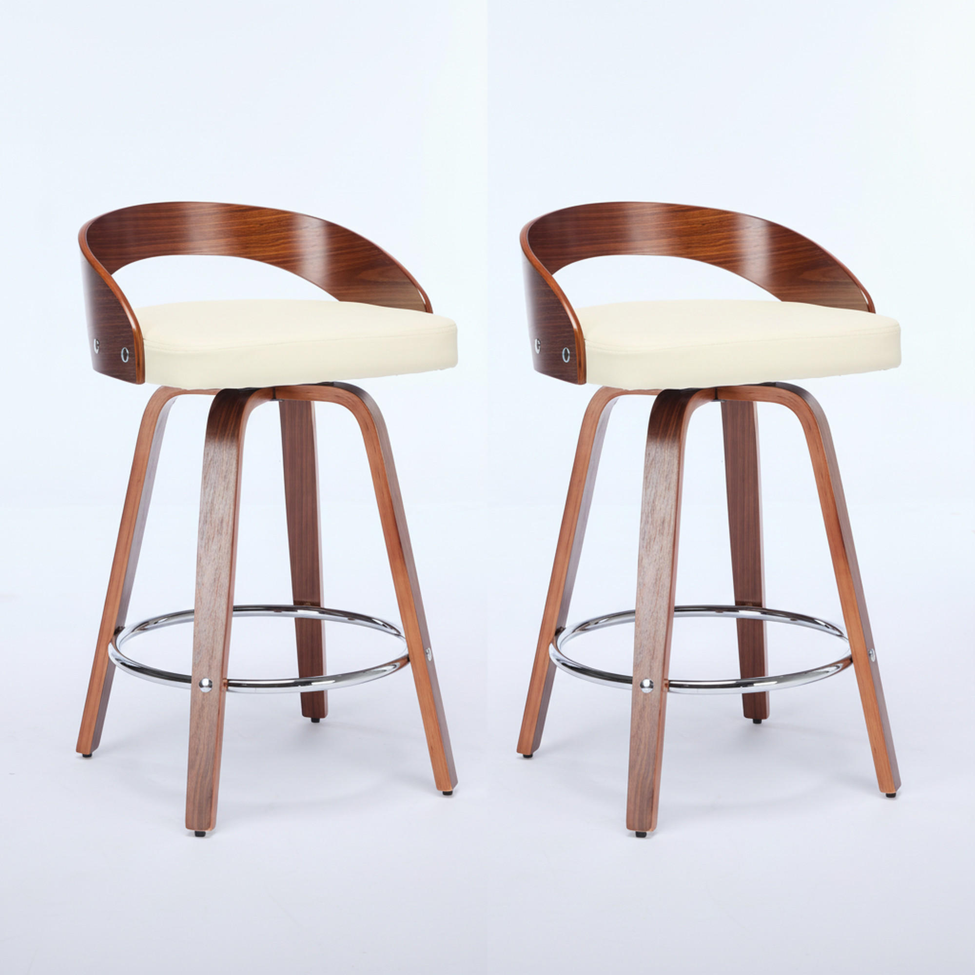 BARHOCKER Set 2er 63 cm Beige PU & Walnuss Drehbar mit Rückenlehne und Fußring - Beige, Leder (48/77.5/46.5cm) - Urban Meuble