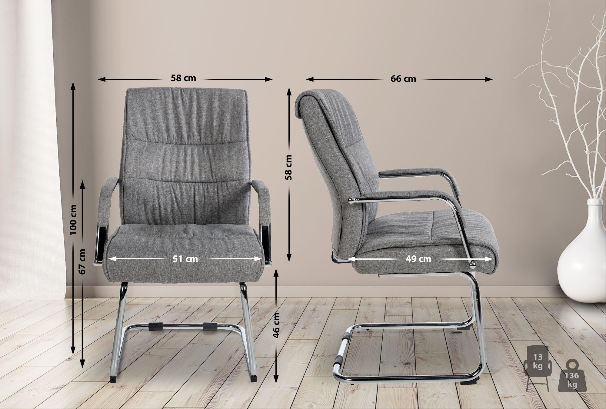 Thumbnail - CLP Schwingstuhl, Hellgrau, Textil, 58x100x66 cm, Esszimmer, Stühle, Esszimmerstühle, Schwingstühle