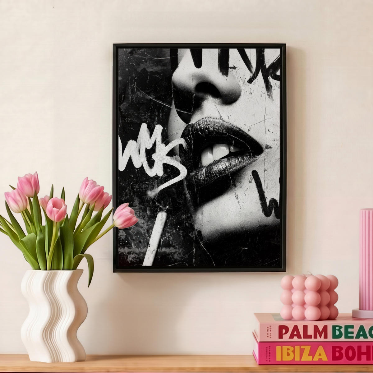 LEINWAND Bilder mit Rahmen - Gesicht - Mund - Graffiti - Schwarz - 30x40 - Schwarz, Textil (30/40cm) - MuchoWow