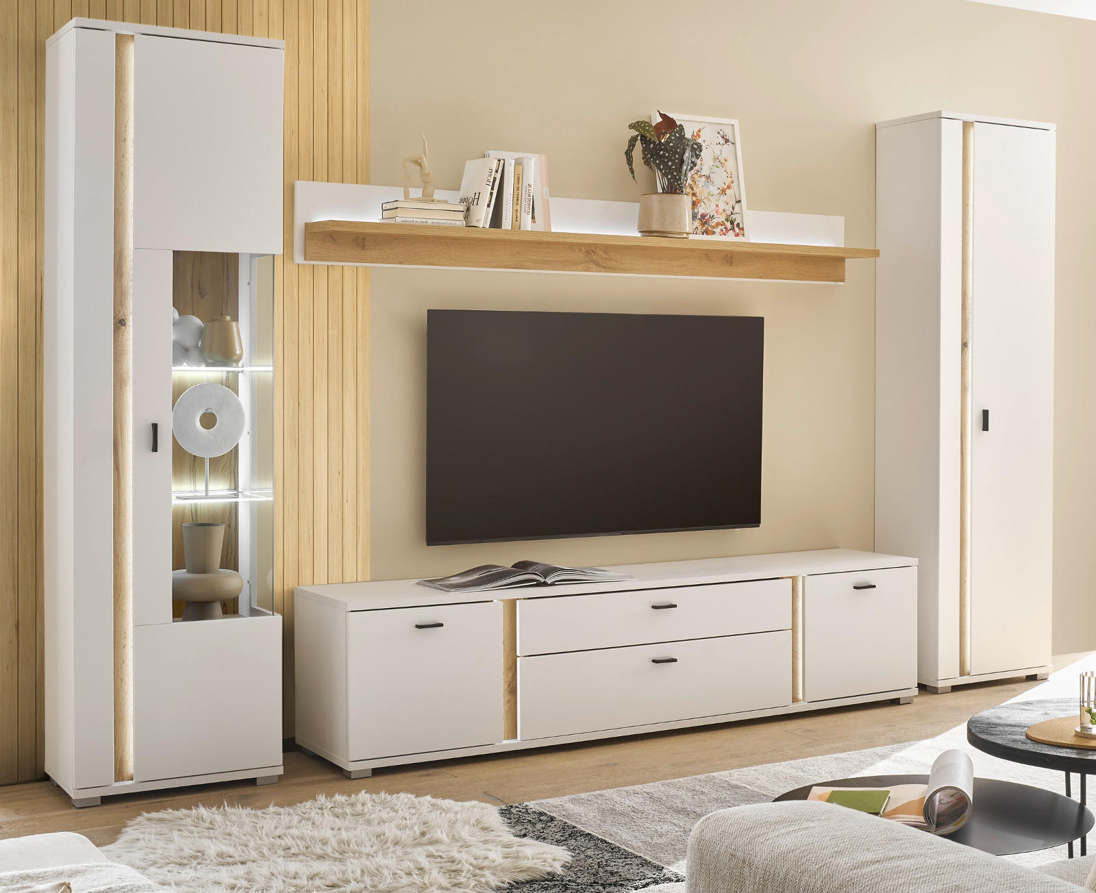 WOHNWAND weiß matt, Wotan Eiche, Wohnkombination inklusive Frontbeleuchtung 330 x 200 cm - Eiche Wotan/Weiß, Holzwerkstoff/Metall (330/200/42cm) - Furn.Design