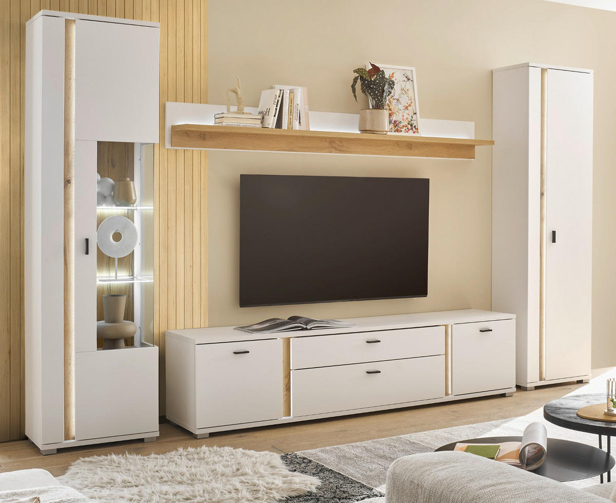 WOHNWAND weiß matt, Wotan Eiche, Wohnkombination inklusive Frontbeleuchtung 330 x 200 cm - Eiche Wotan/Weiß, Holzwerkstoff/Metall (330/200/42cm) - Furn.Design