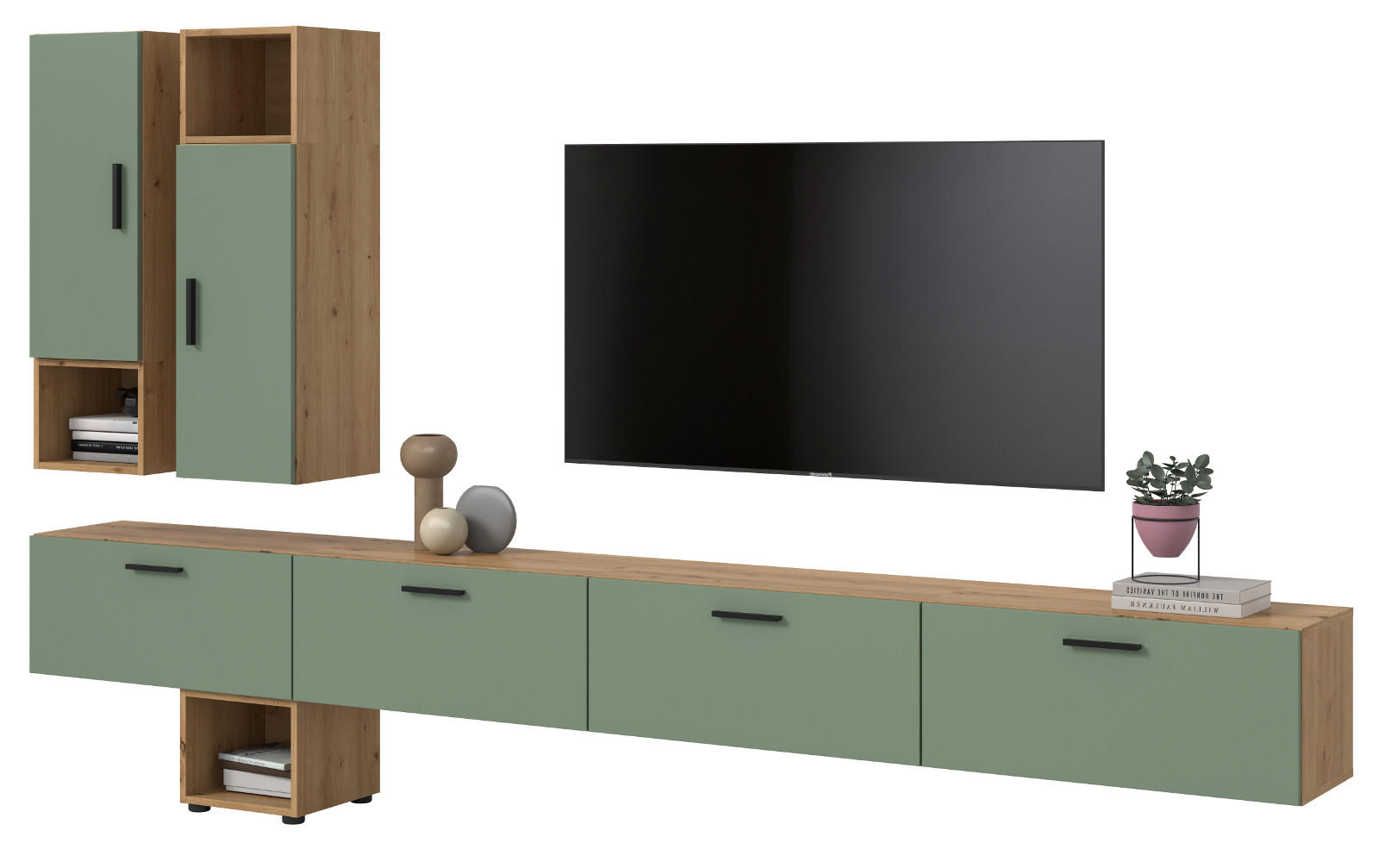 WOHNWAND grün, Eiche Artisan 300 cm, Wohnkombination hängend / stehend - Schwarz/Eiche Artisan, Holzwerkstoff/Kunststoff (300/178/34cm) - Inn.Furn
