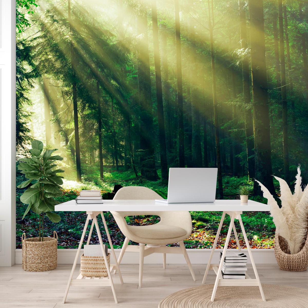 FOTOTAPETE für Schlafzimmer Sonnenaufgang Wald Bäume Moos 250x175 - Gelb/Braun, Papier (250/175cm) - Muralo