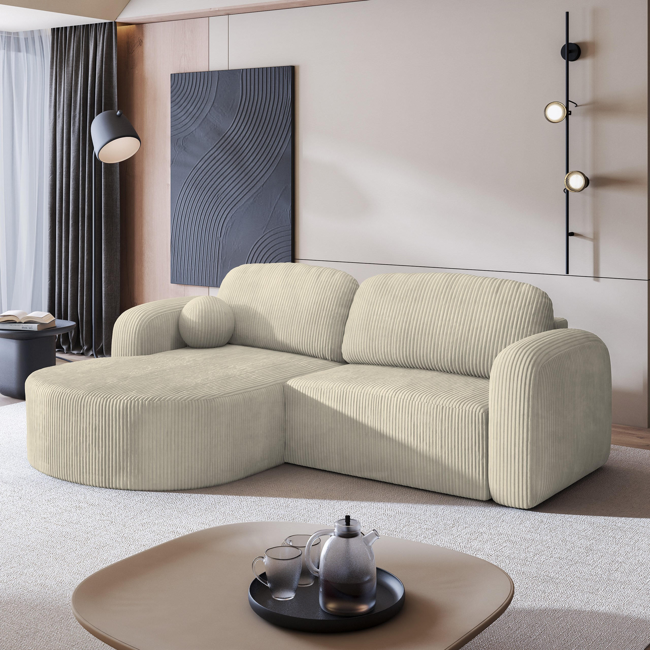ECKSOFA AMILIA P L-S Creme Kordstoff mit Schlaffunktion - Creme, Holz (263/174cm) - MASSENO