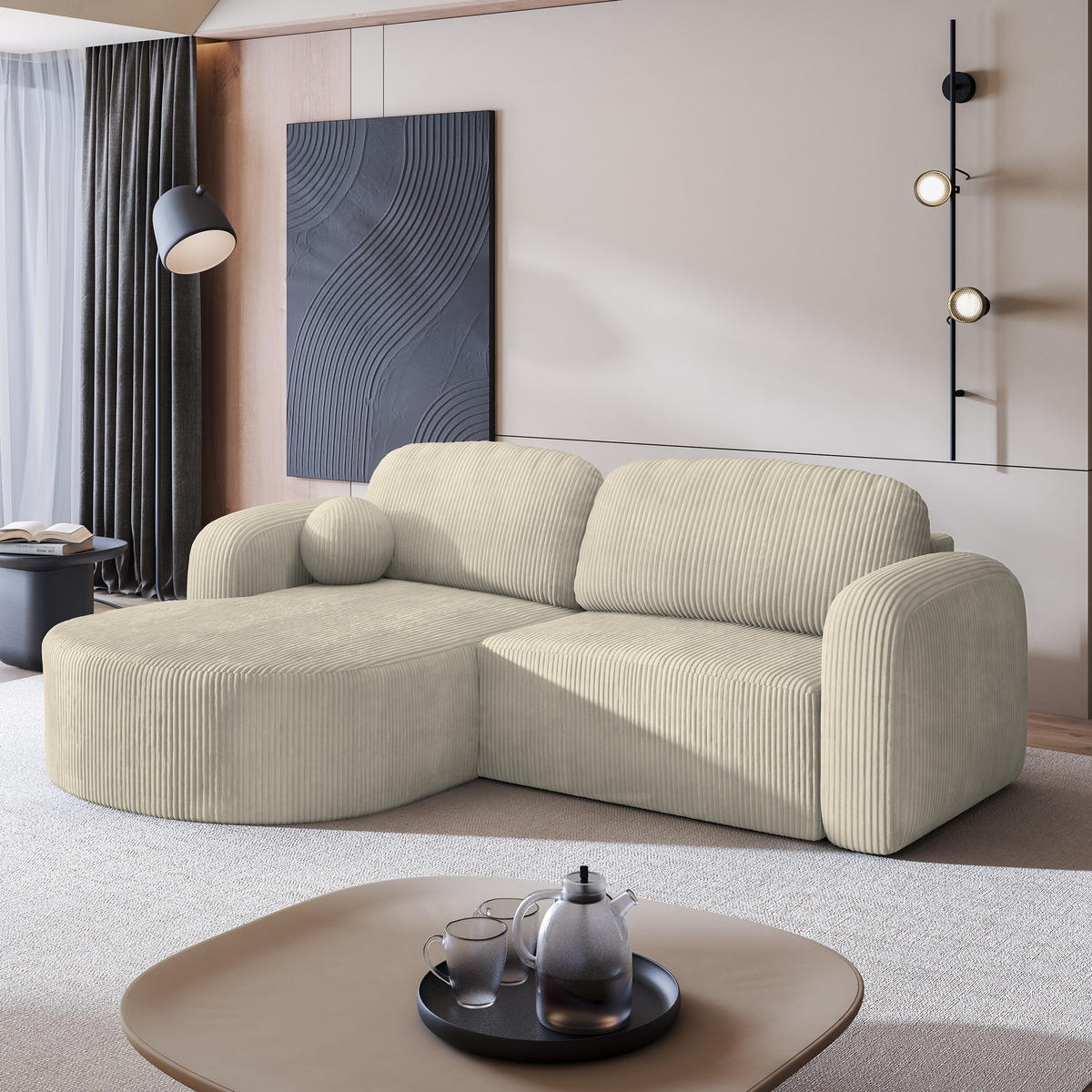 ECKSOFA AMILIA P L-S Creme Kordstoff mit Schlaffunktion - Creme, Holz (263/174cm) - MASSENO