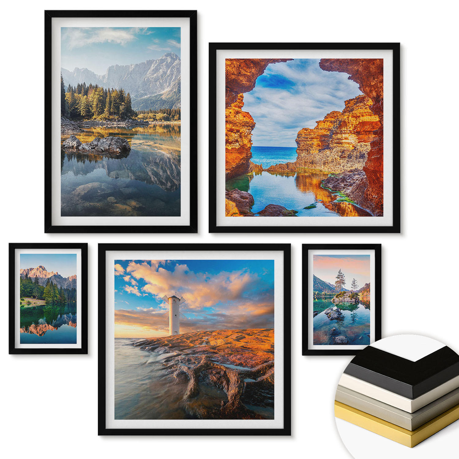 WANDBILDER 5er-Set - 50x50 cm & 20x30 cm & 40x60 cm Schwarzer Rahmen - Aussicht Paris New York Treppen - Schwarz, Kunststoff (40/60cm) - ArtPrintCave