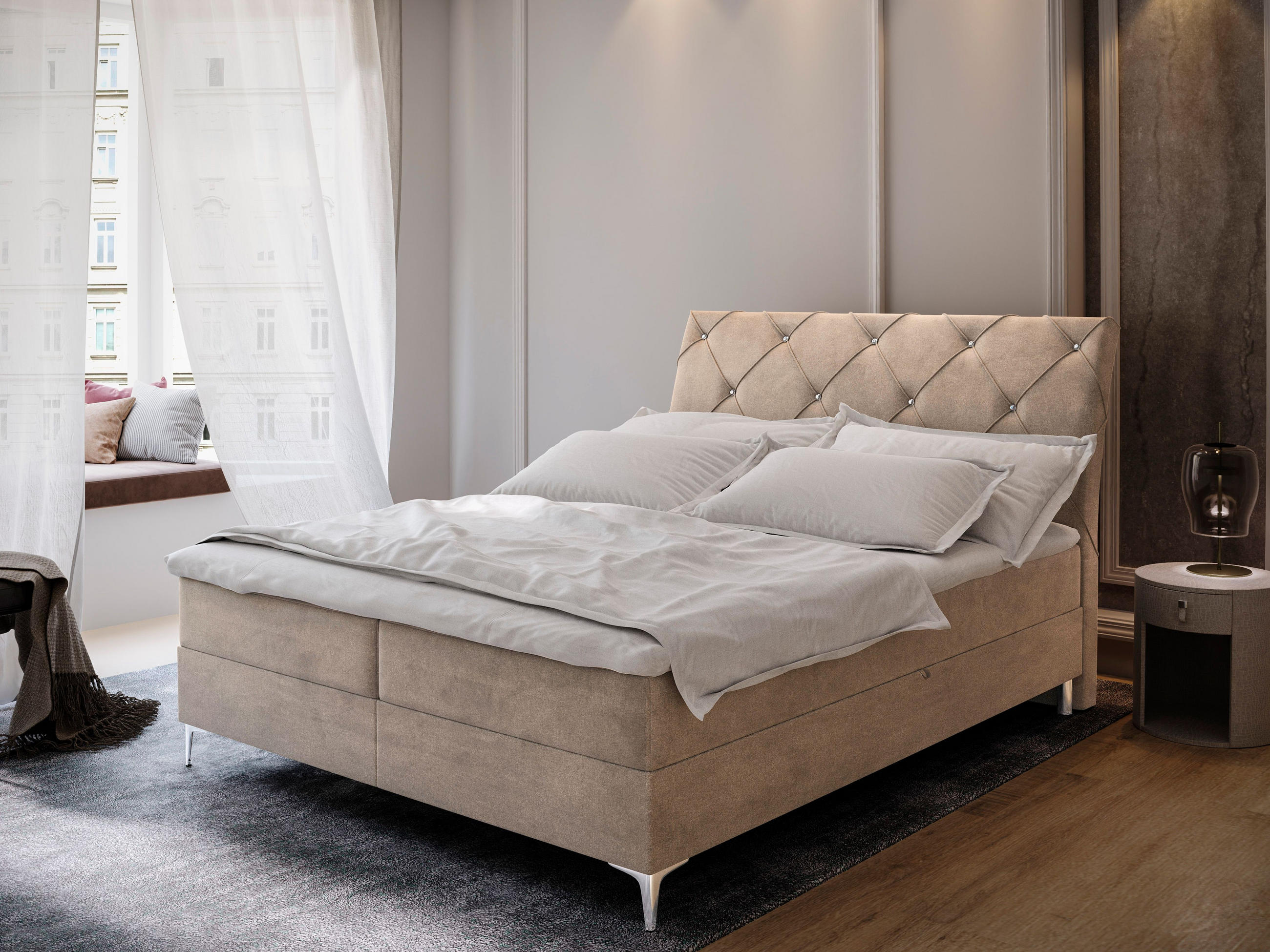 BOXBETT MACON 180x200 cm mit Matratze und Topper - Beige - Beige, Holz (180/200cm) - MASSENO
