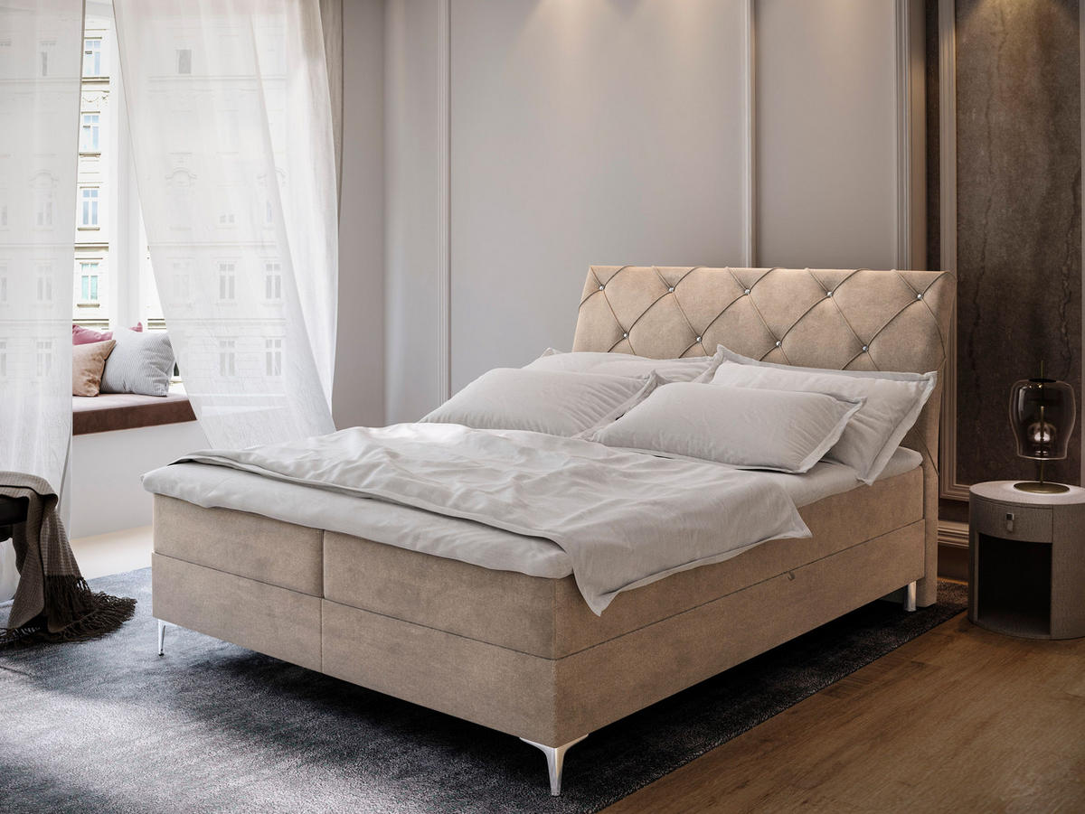 BOXBETT MACON 160x200 cm mit Matratze und Topper - Beige - Beige, Holz (160/200cm) - MASSENO