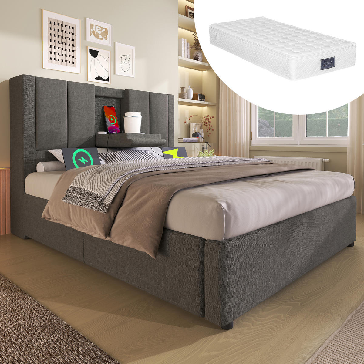 STAURAUMBETT 90/200 cm DE-00974, in Grau, Hydraulik, Becherhalter und Matratze - Grau, Metall (90/200cm) - ComfortXL