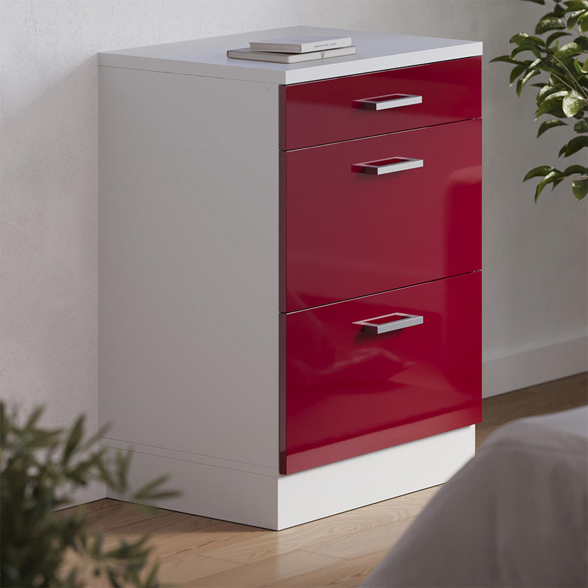KUHINJSKA OMARA ZA POŠEVNE STREHE R-Line, Rdeča visoki sijaj, 60 cm brez naklona z 3 predaloma - rdeča/bela, leseni material (60/83.8/46cm) - Vicco