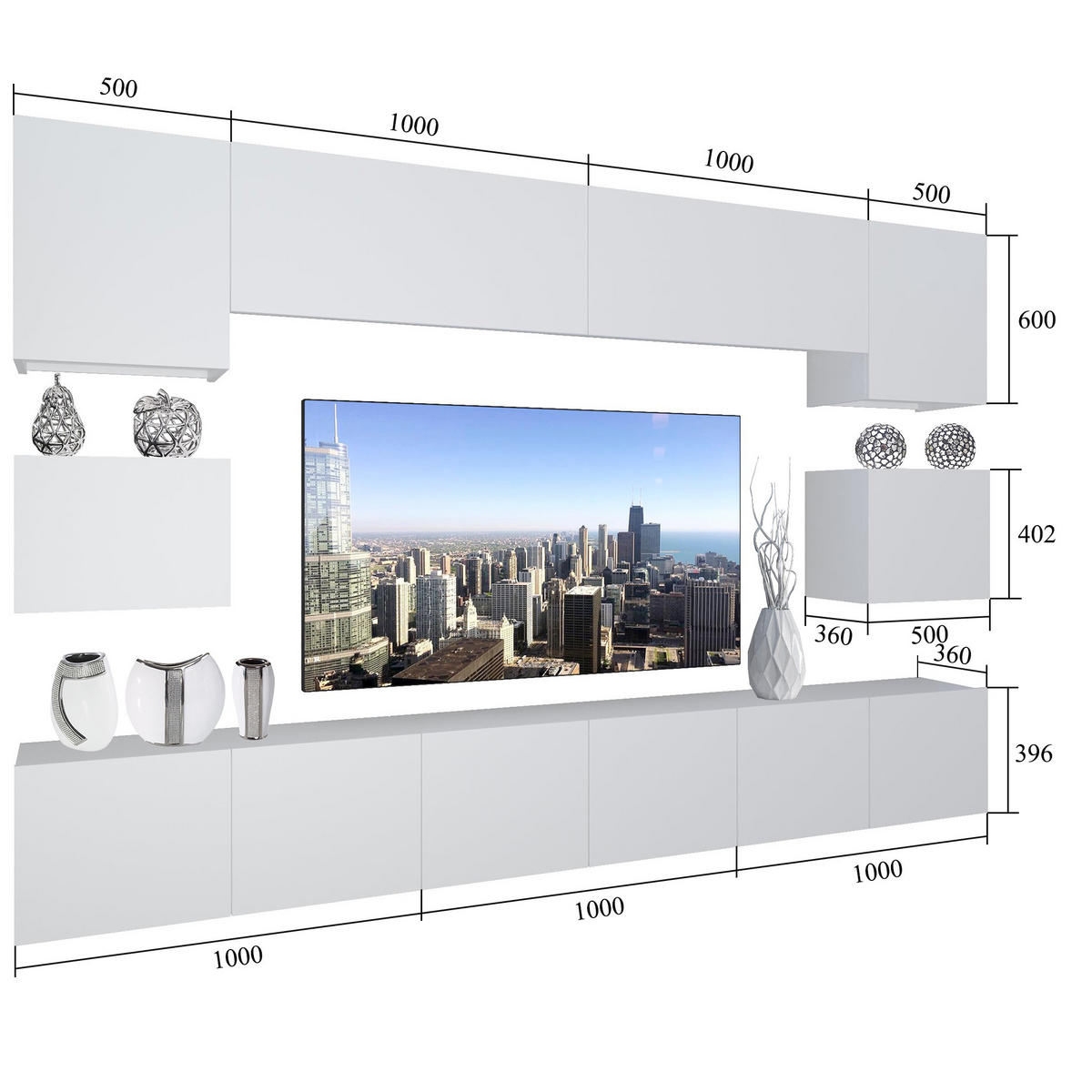 WOHNZIMMERWAND Schrankwand mit LED Weiß / Glamourholz - Weiß/Grau, Holz (300/180/36cm) - B BELINI GROUP