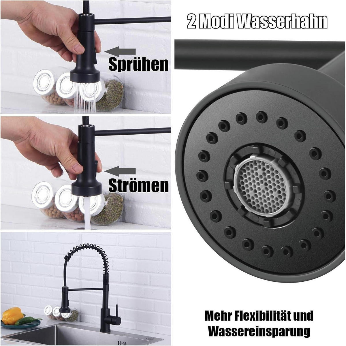 KÜCHENARMATUR Schwarz mit Brause Ausziehbar 360° Drehbar 2 Sprühfunktionen - Schwarz, Metall (20/4/30cm)