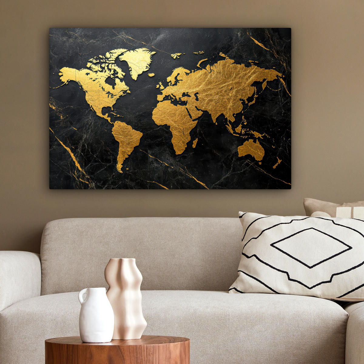 LEINWANDBILD Weltkarte - Gold - Marmor Wanddeko 90x60 cm - Goldfarben, Textil (90/60cm) - MuchoWow