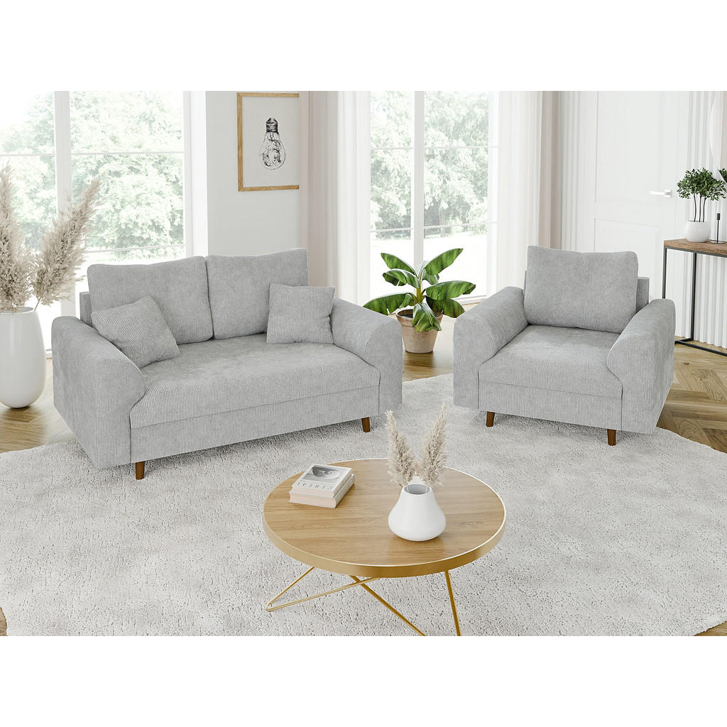 Thumbnail - S-Style Möbel Sitzgarnitur, Hellgrau, Textil, Echtholz, Teilmassiv,Buche, Birke, 3-Sitzer, Füllung: Polyetherschaumkern,...