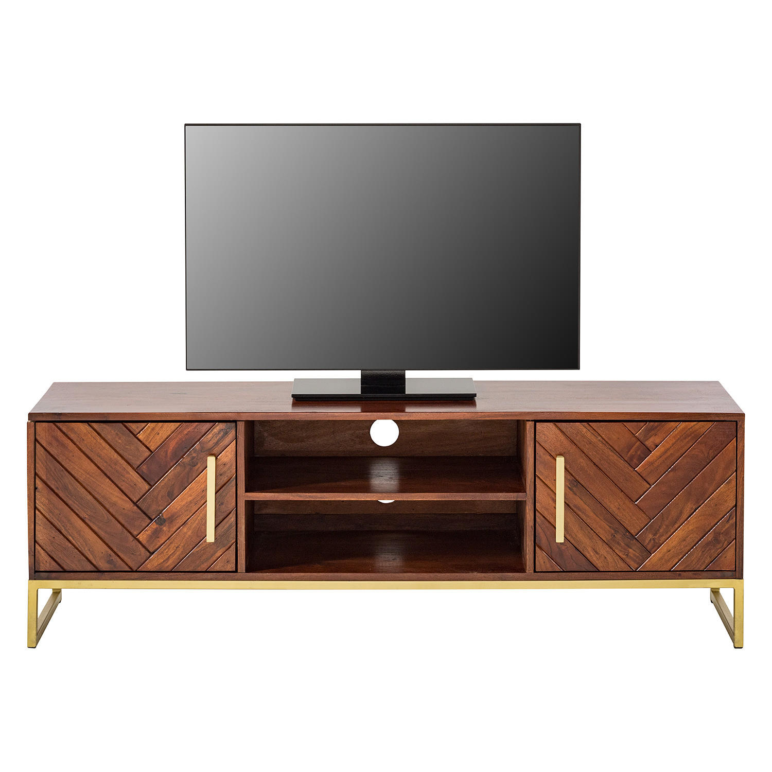 TV-LOWBOARD - Akazie massiv / Eisen - Goldfarben/Akaziefarben, Holz (150/50/39cm) - home24