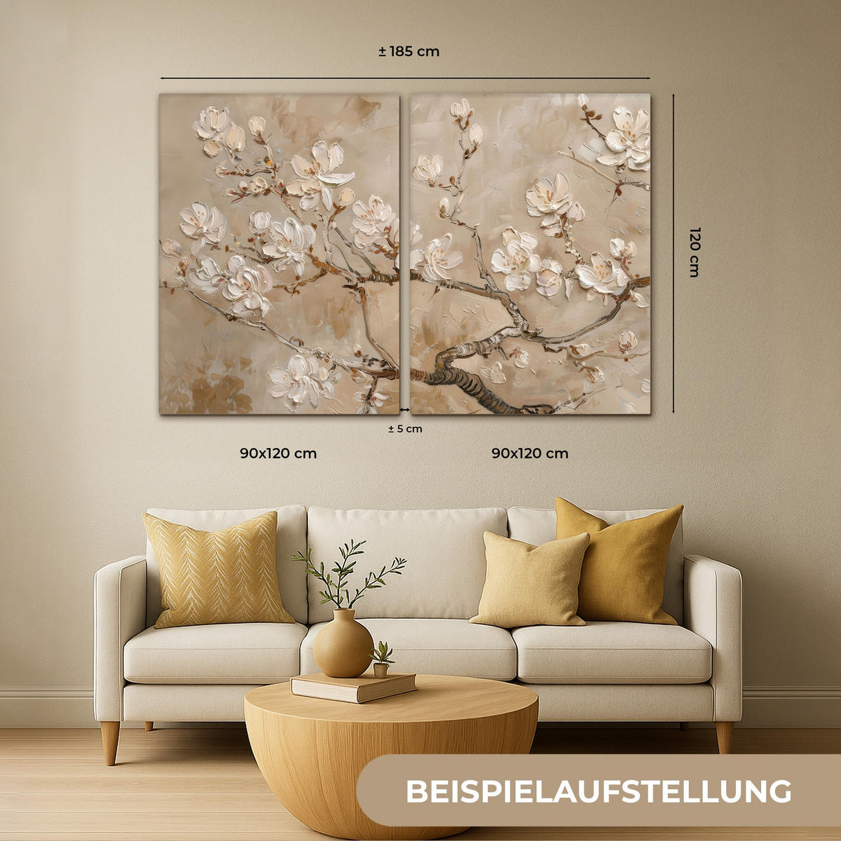 OBRAZ NA PLÁTNĚ 2dílná sada Béžová - Blossom - Moderní 180x120 cm - béžová, textil (180/120cm) - MuchoWow