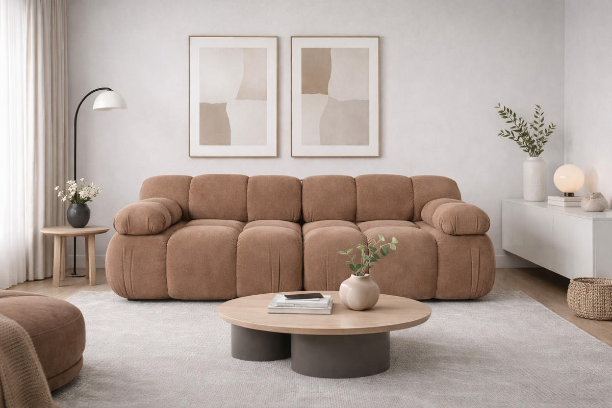 COUCH, 2-Sitzer Modular, Veloursstoff Salvador, Dunkelbeige, Selia - Beige, Holz (190/70/95cm) - Kaiser Möbel