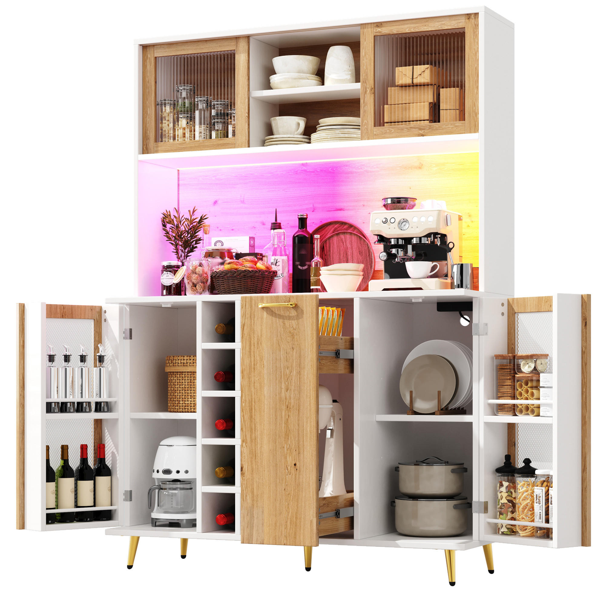 Redom BUFFET 120/40/180 cm s LED osvětlením, zásuvkou a vinotékou, bílá/dřevo
