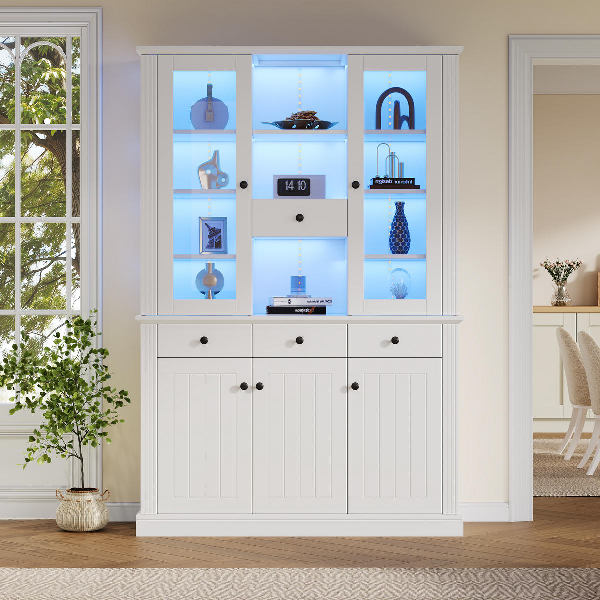 VITRINE 119,5x40x180 cm Weiß mit LED und 4 Schubladen - Weiß, Holzwerkstoff (119.5/180/40cm) - FLIEKS