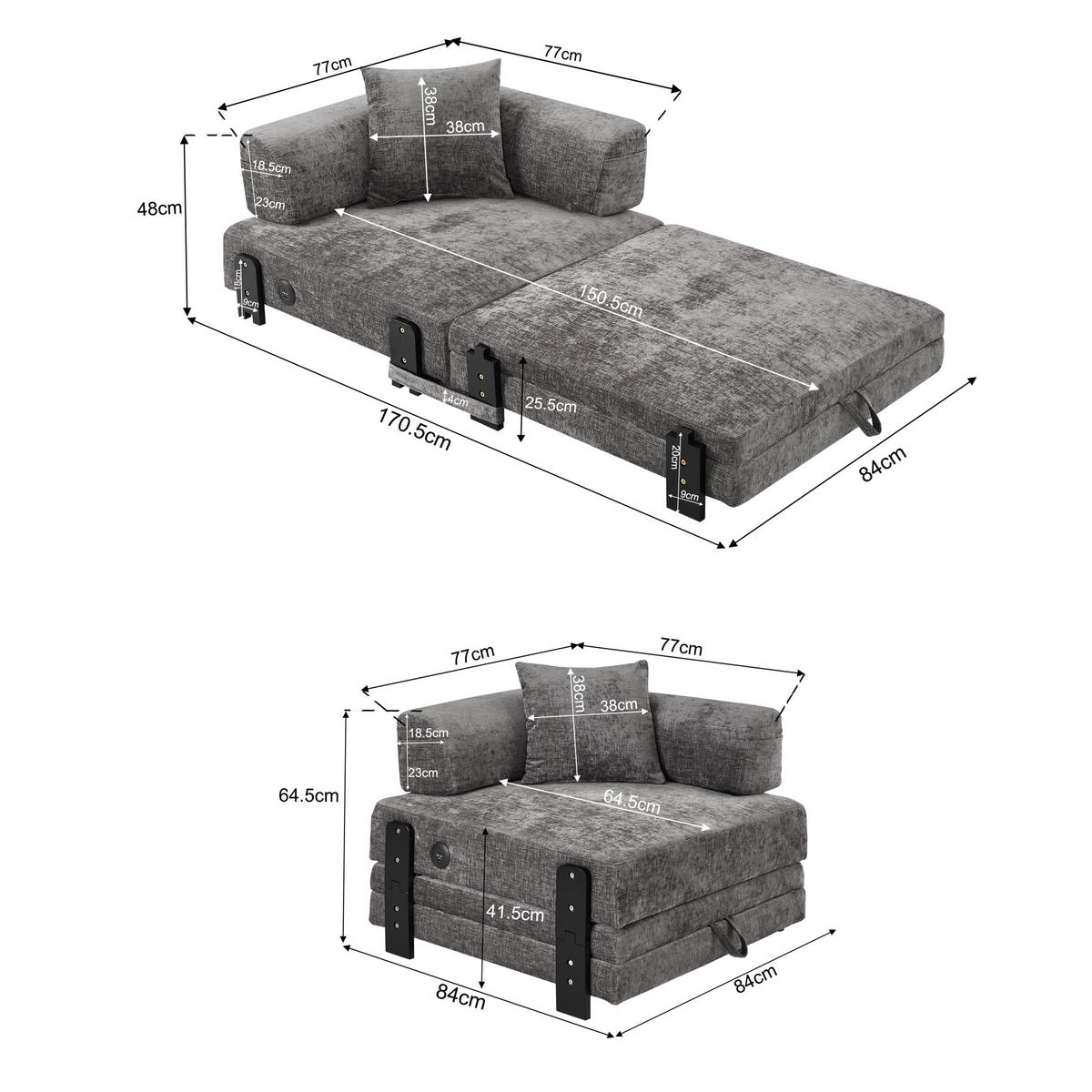 SOFA 2-in-1 mit Schlaffunktion Stoff Dark Grey - Dunkelgrau, Textil (170.5/48/84cm) - Meubliv