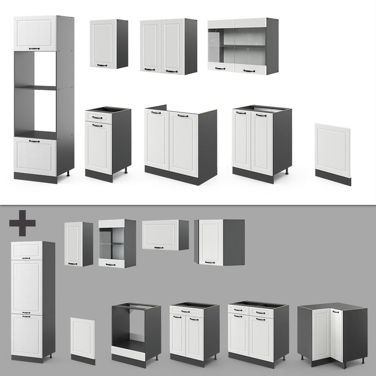 KÜCHENZEILE R-Line Weiß Landhaus/Anthrazit 300 cm mit Hochschrank AP Eiche - Anthrazit/Creme, Holzwerkstoff (300/81.6/60cm) - Vicco